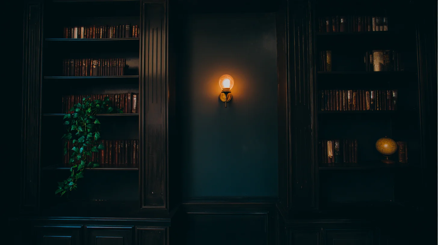 Dark Bookshelf Background 33 - Free virtual background for Zoom, Teams & Google Meet